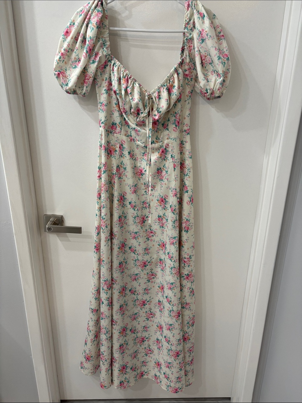 Floral Puff-Sleeve Maxi Dress - Cream with Pink & Green Floral Cottagecore Style